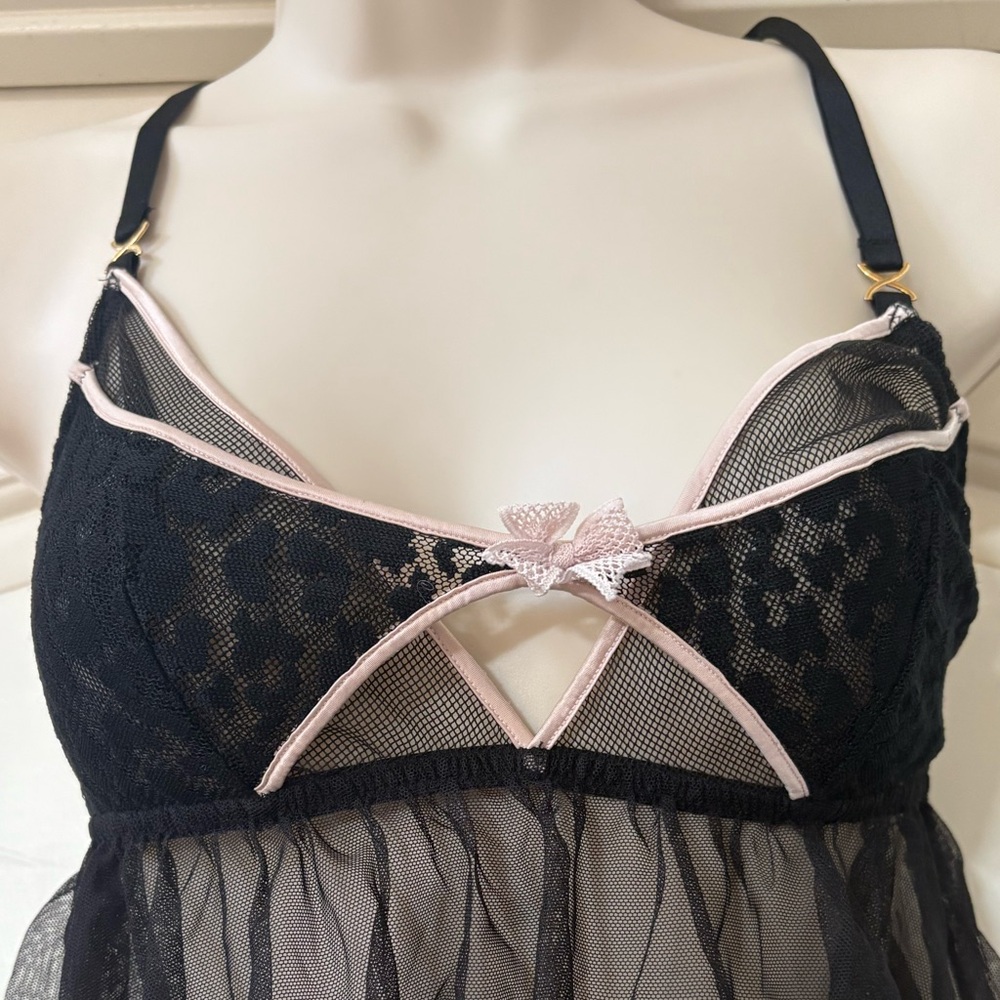 Victoria's Secret Black Strappy Cami‎ Lace Babydoll Teddy Lingerie Y2K - Picture 2 of 3
